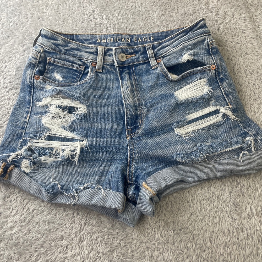 American Eagle Denim Shorts Womens 6 Blue Distressed High Waisted Stretch Cuffed